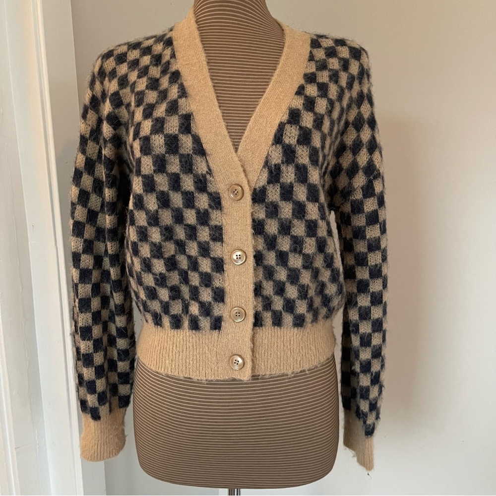 J Crew Brushed Checkered Tan and Navy Women's Sweater size S EUC